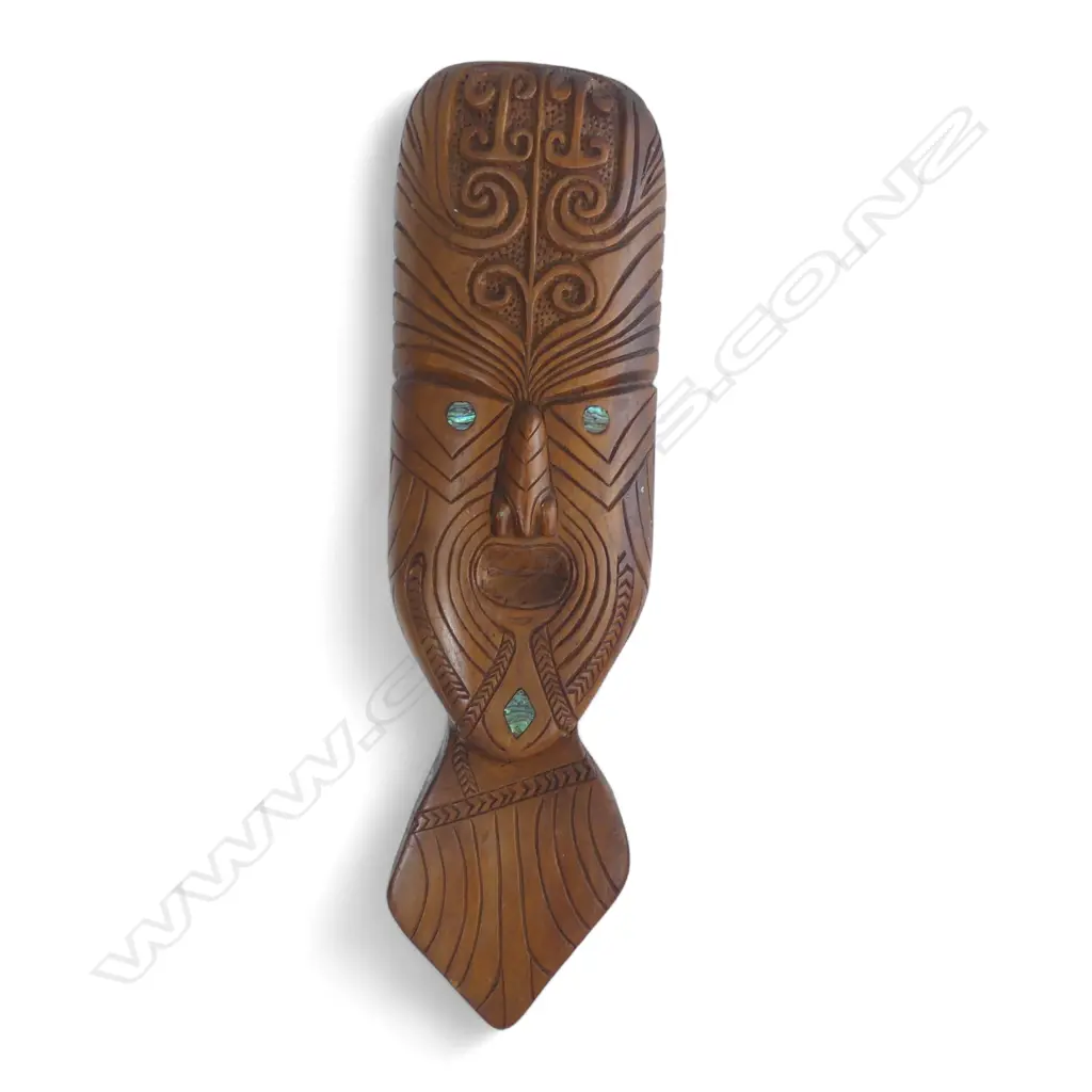 CARVED MAORI WALL HANGING H.510mm paua inlaid eyes Image 1++