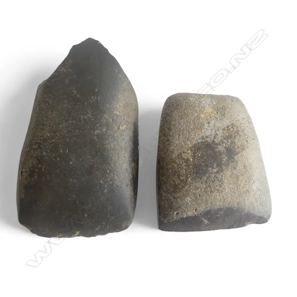 Two Māori pre-European stone toki. Both registered. One broken Y10246 L.110mm. Y07689. L.76mm. Note: Buyer must be registered to purchase. Image 1++