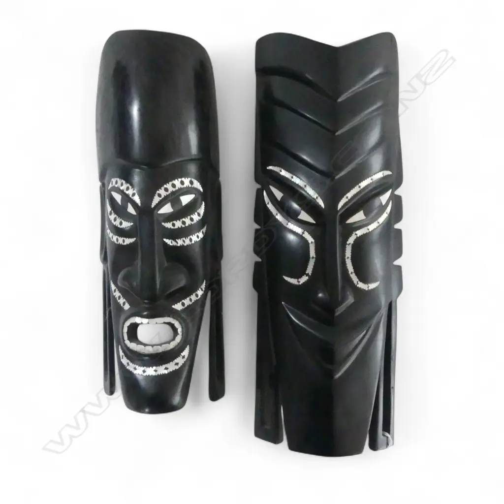 2 SOLOMON ISLAND CARVED WOODEN MASKS w. PAUA INLAY H.400mm Image 1++