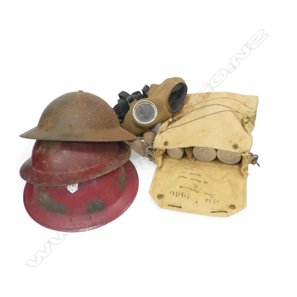 3 WWII HELMETS: 1 red British Home Front blitz period + 'Hardleys'. Both w lining + other faulted + gas mask Image 1++