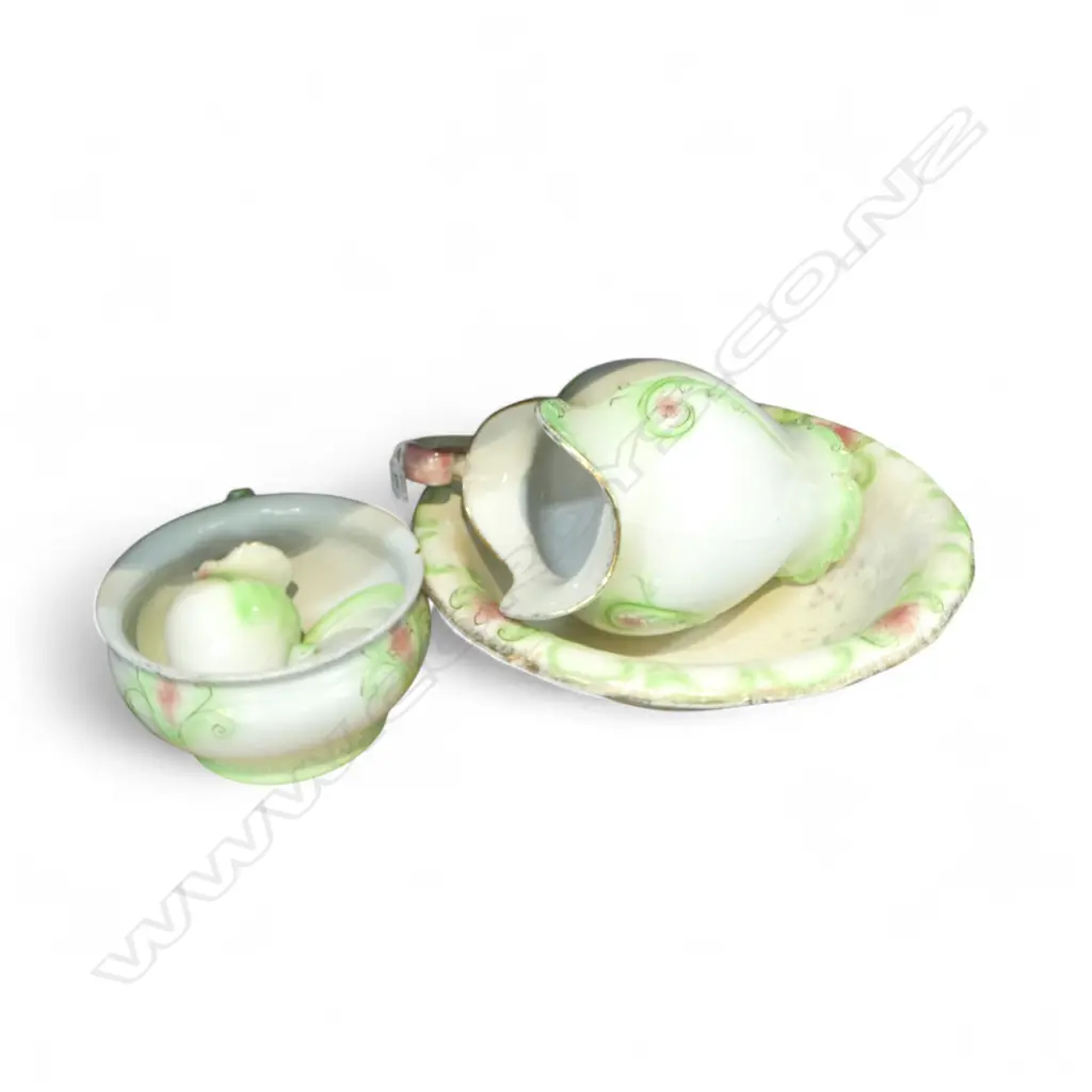 5 PCE EDWARDIAN CHAMBER SET; JUG & BASIN, POTTIE, SOAP DISH & BRUSH HOLDER all faults Image 1++