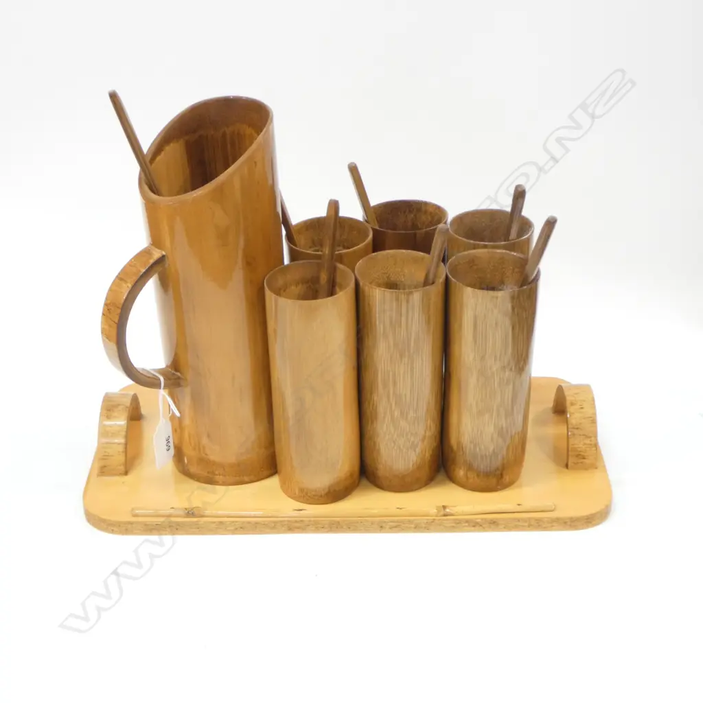 8 PCE BAMBOO DRINKS SET; JUG H.280mm, 6 GLASSES, TRAY W.405mm Image 1++