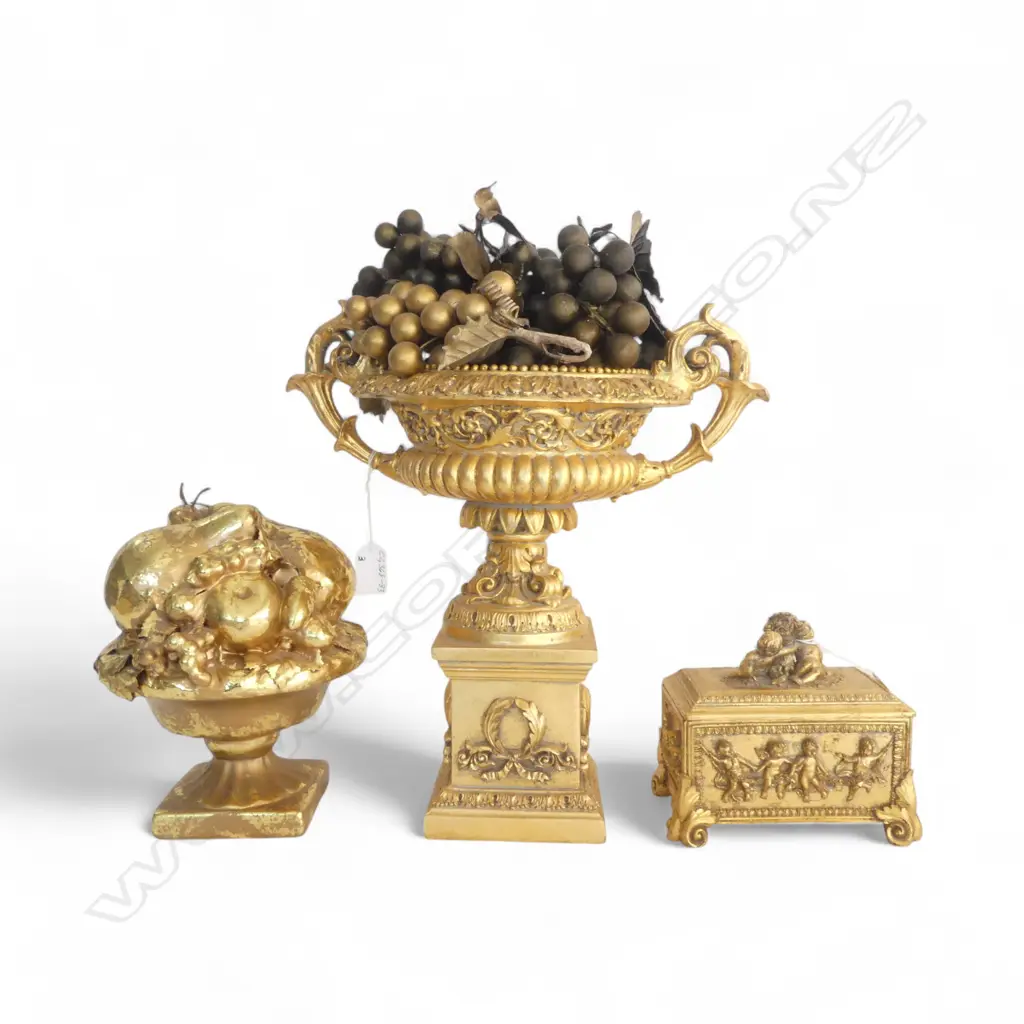 3 PCS FRENCH STYLE GILT PEDESTAL VASE w GRAPES, H.340mm, BOWL of FRUIT, H.220mm, LIDDED BOX w PUTTI Image 1++