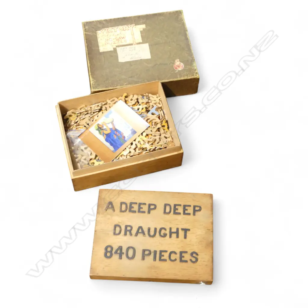 2 VINTAGE WOODEN PUZZLES; 'YOUTHFUL PRISONERS OF WAR' IN ORIGINAL BOX 900 PIECES & 'A DEEP DEEP DRUGHT' 840 PIECES Image 1++