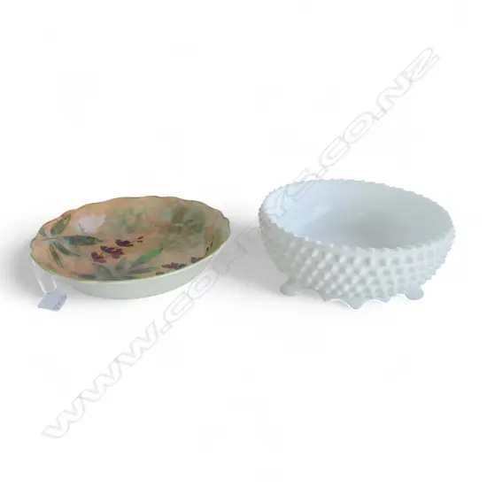 ROYAL DOULTON WISTERIA BOWL 240mm dia + FENTON MILK GLASS 'HOBNAIL' BOWL, FAULTS