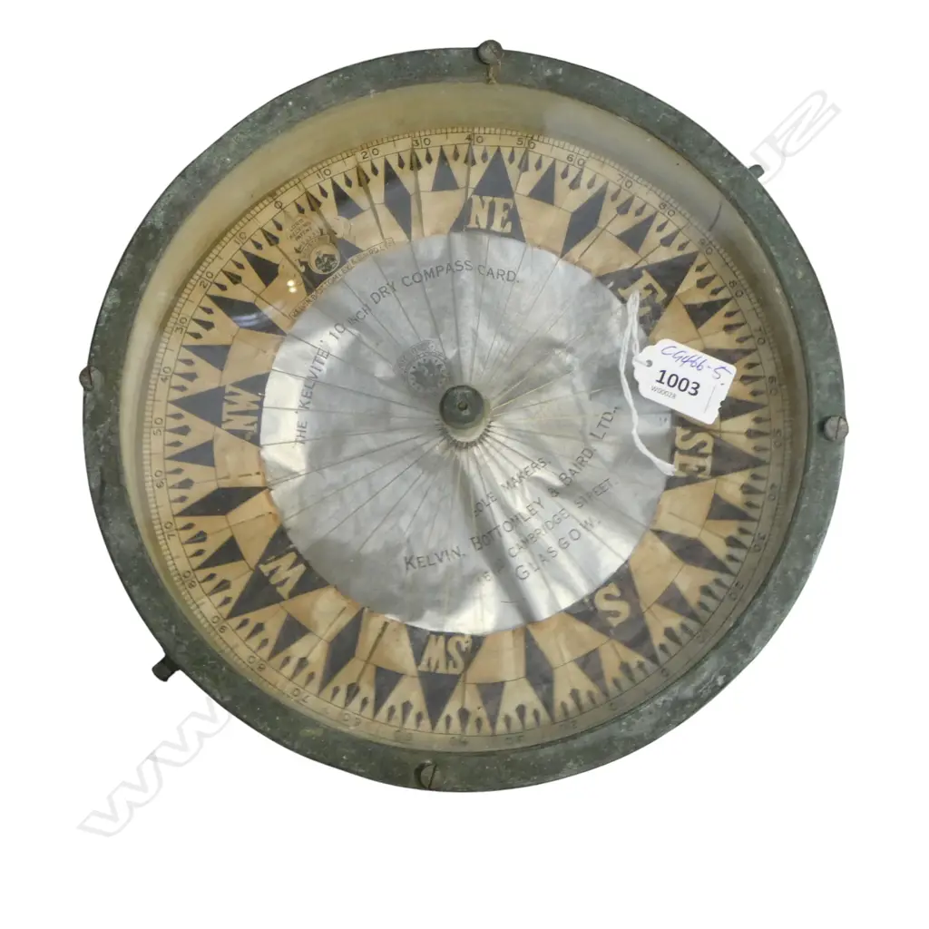 KELVITE VINTAGE 10" DRY COMPASS WWII PERIOD brass case. Glass covered. Weighted lead base. Floating dial Dia.10inches Image 1++