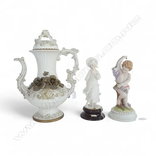 3 PCS ITALIAN PORCELAIN; BEIGE & CREAM CAPODIMONTE LRG DECORATIVE POT, H.400mm ARMANI FIGURINE & PUTTI w GRAPES