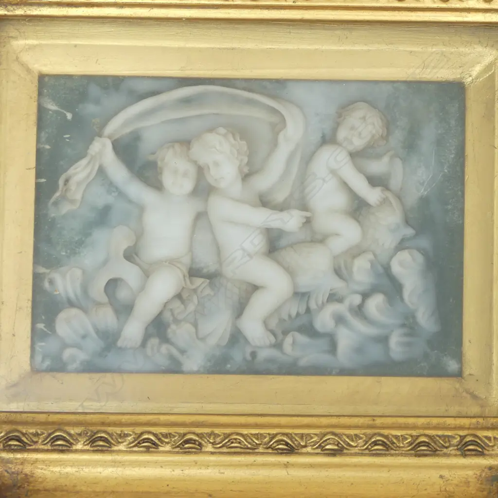 PAIR OF DECORATIVE COMPOSITE PANELS DEPICTING PUTTI HOUSED IN GILT FRAME (250 X 300 mm) INCL FRAME EACH  Image 1++