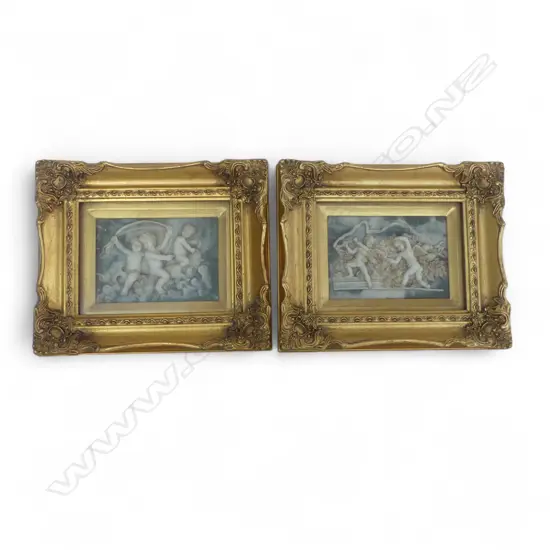 PAIR OF DECORATIVE COMPOSITE PANELS DEPICTING PUTTI HOUSED IN GILT FRAME (250 X 300 mm) INCL FRAME EACH 