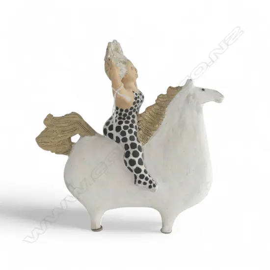 VIRGINIA ANGUS STUDIO POTTERY SCULPTURE; EQUESTRIAN '1026' the woman in polka dot jumpsuit.   H.300 W.310mm