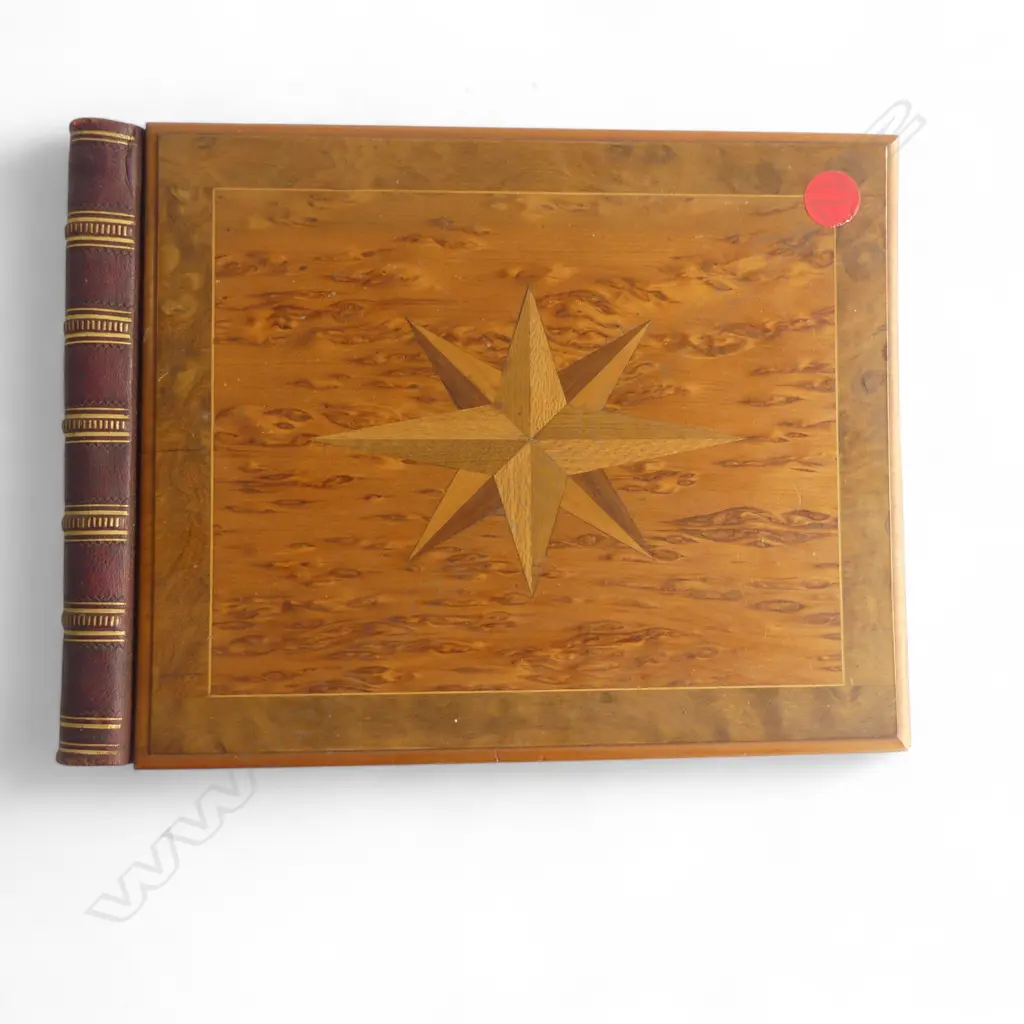 A MARQUETRY BOOK COVER WITH LEATHER BINDING 265 X 360 mm Image 1++