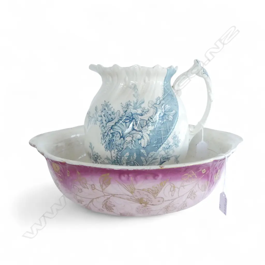 VINTAGE  WASH JUG & BASIN  BLUE JUG PINK BASIN  H300 DIA440MM Image 1++