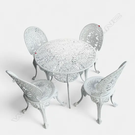 A WHITE METAL OUTDOOR TABLE AND FOUR CHAIRS