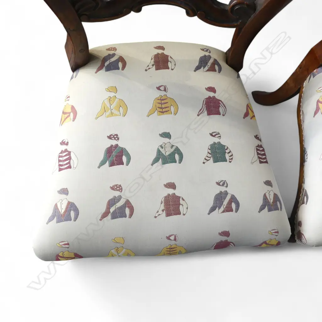 PR of VICTORIAN ROSEWOOD BALLOON BACK CHAIRS jockey patterned upholstered seats Image 1++