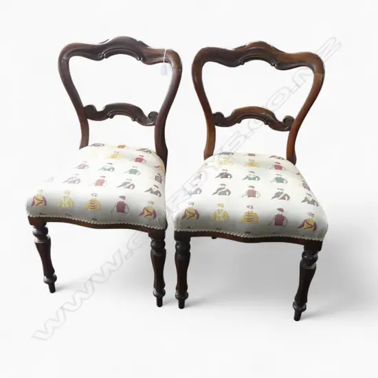 PR of VICTORIAN ROSEWOOD BALLOON BACK CHAIRS jockey patterned upholstered seats