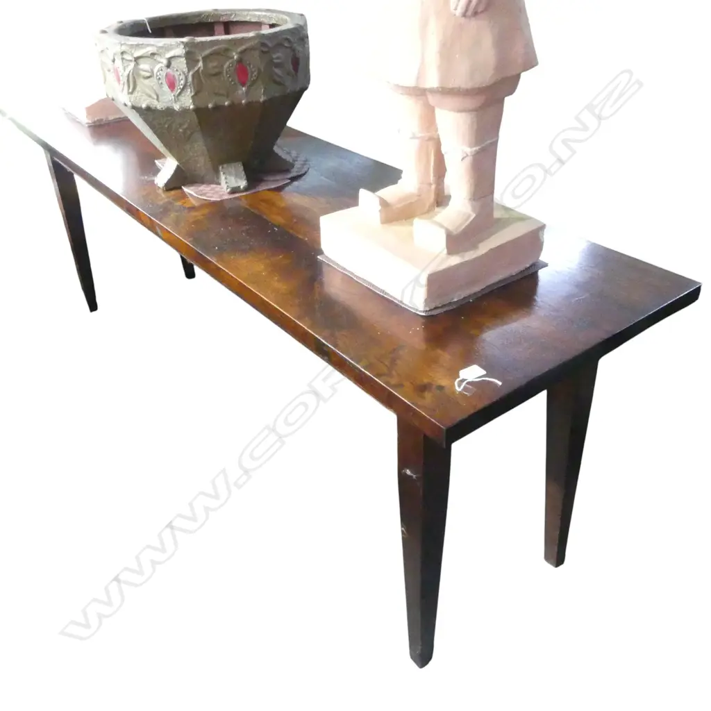 20thC OAK PLANK TOP LONG NARROW KITCHEN TABLE French refectory antique style, L.2200 x 600 x 750mm Image 1++