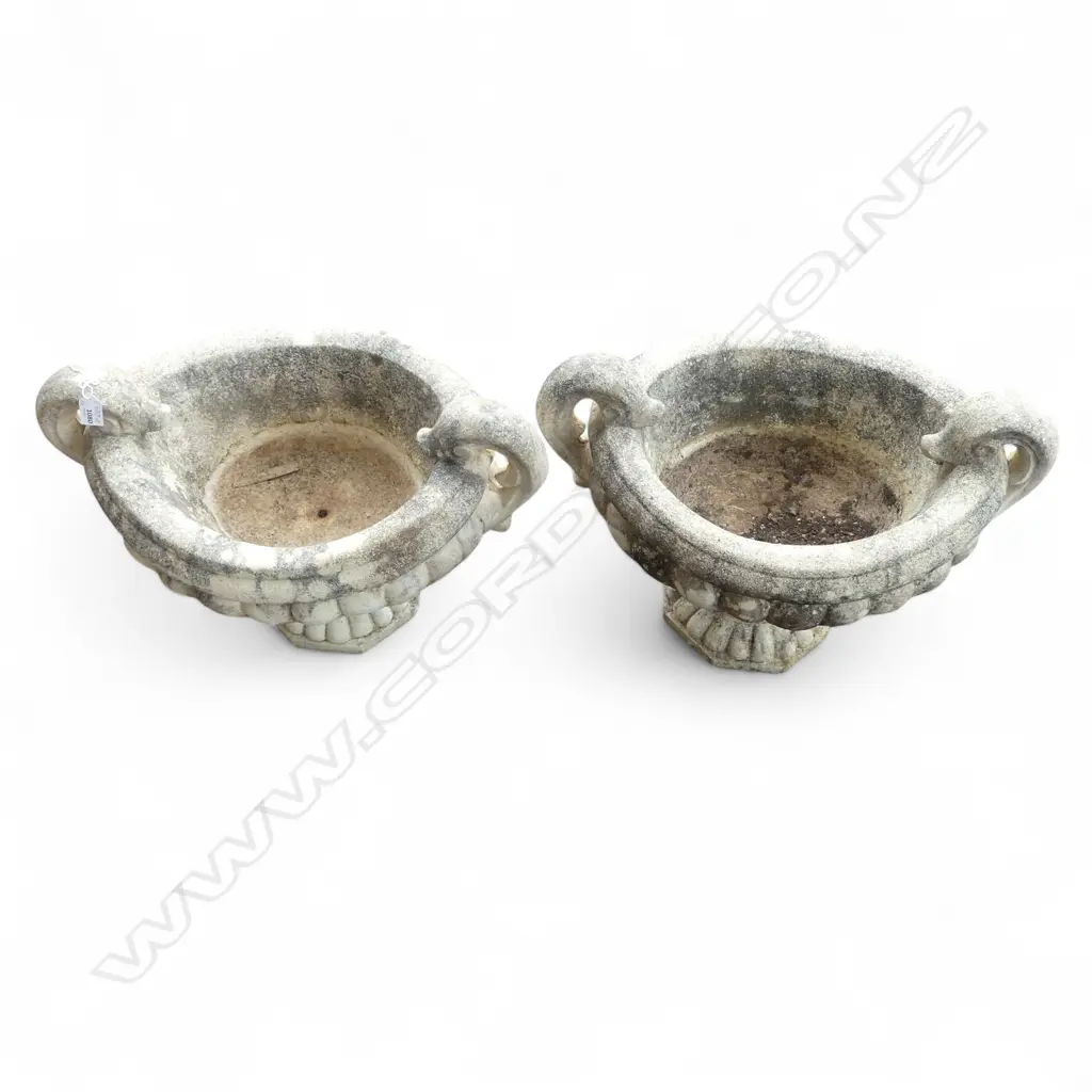 PR CLASSICAL CONCRETE GARDEN PLANTERS. Oval lobed pedestal form w scroll handles 590x390x440mm Image 1++