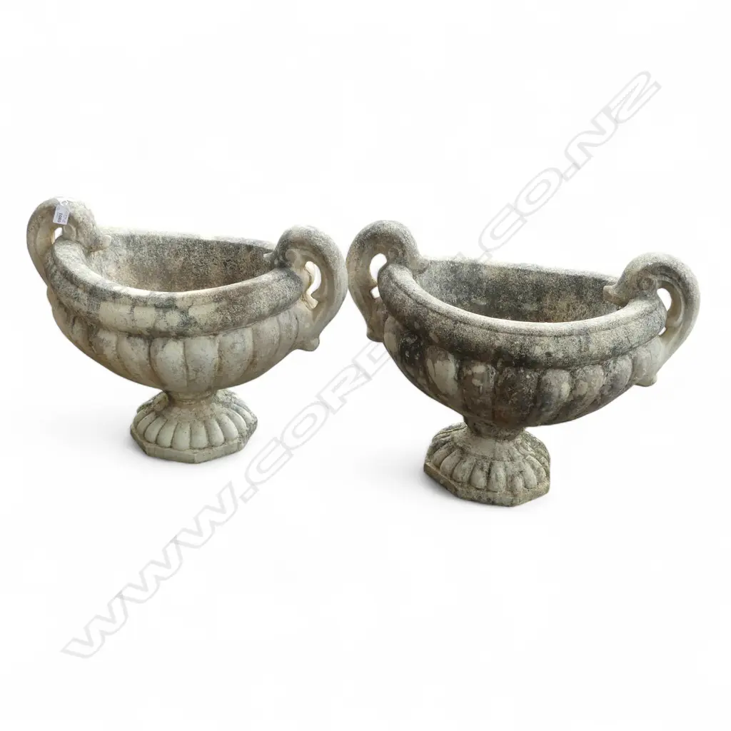 PR CLASSICAL CONCRETE GARDEN PLANTERS. Oval lobed pedestal form w scroll handles 590x390x440mm Image 1++