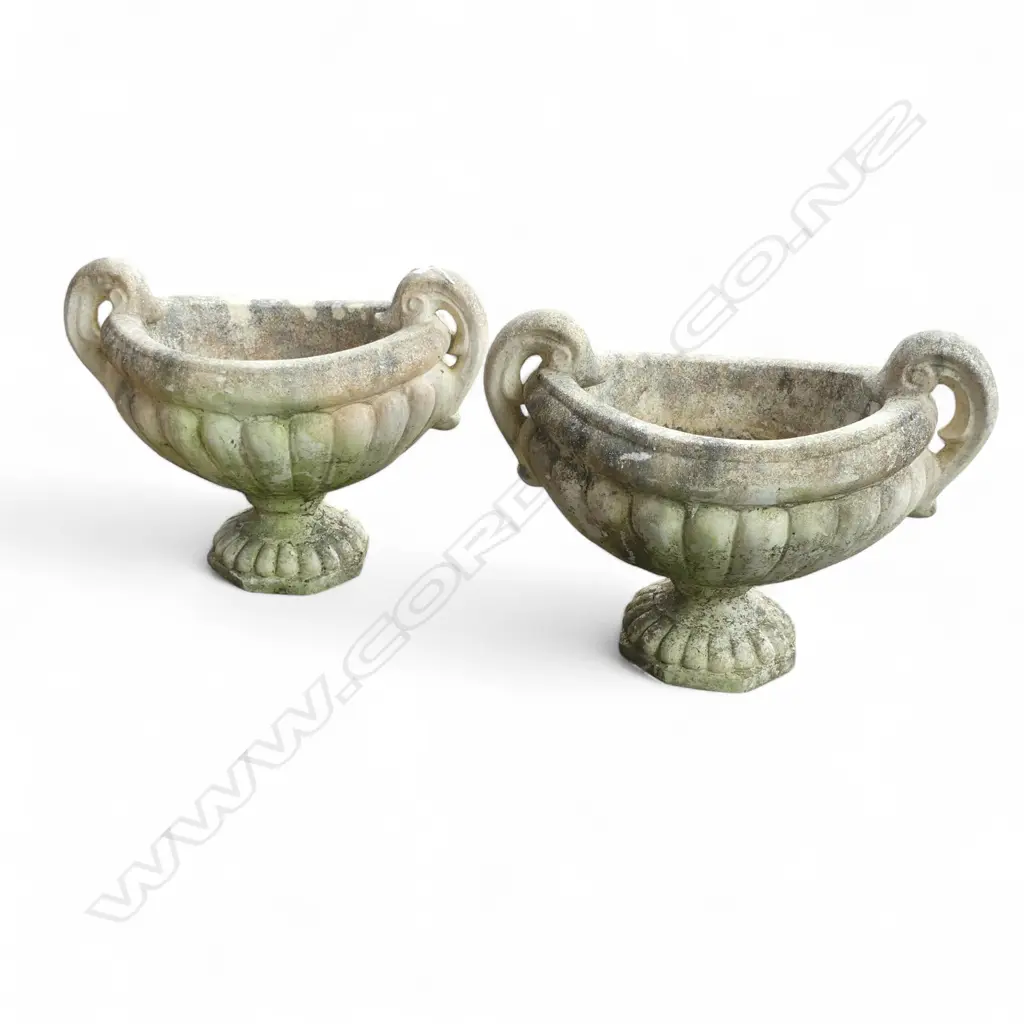 PR CLASSICAL CONCRETE GARDEN PLANTERS. Oval lobed pedestal form w scroll handles 590x390x440mm Image 1++