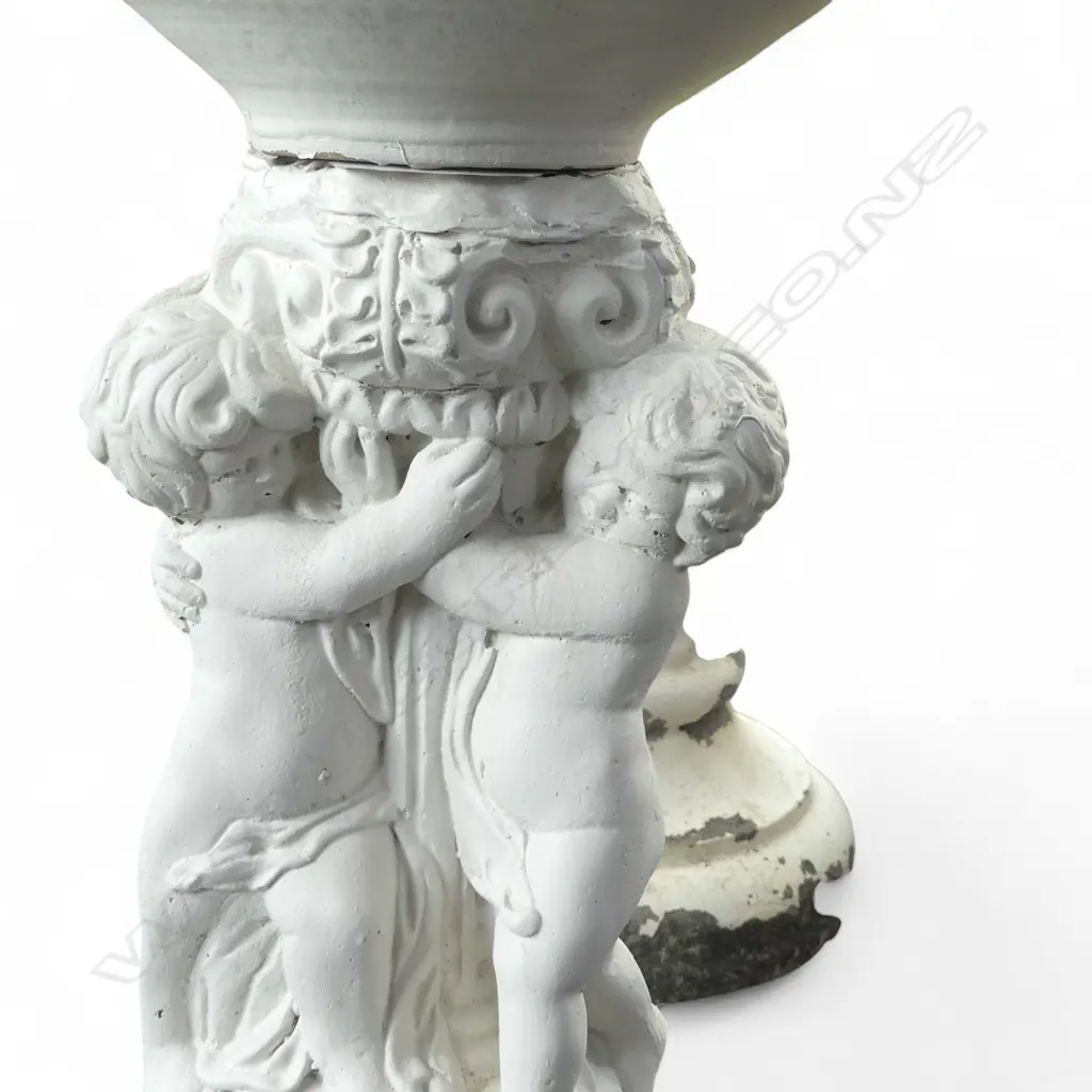 WHITE PAINTED CONCRETE STAND w. BOWL (FAULTS) & PLASTIC FRUIT H.540mm.(BOWL SEPARATE FROM BASE) Image 1++