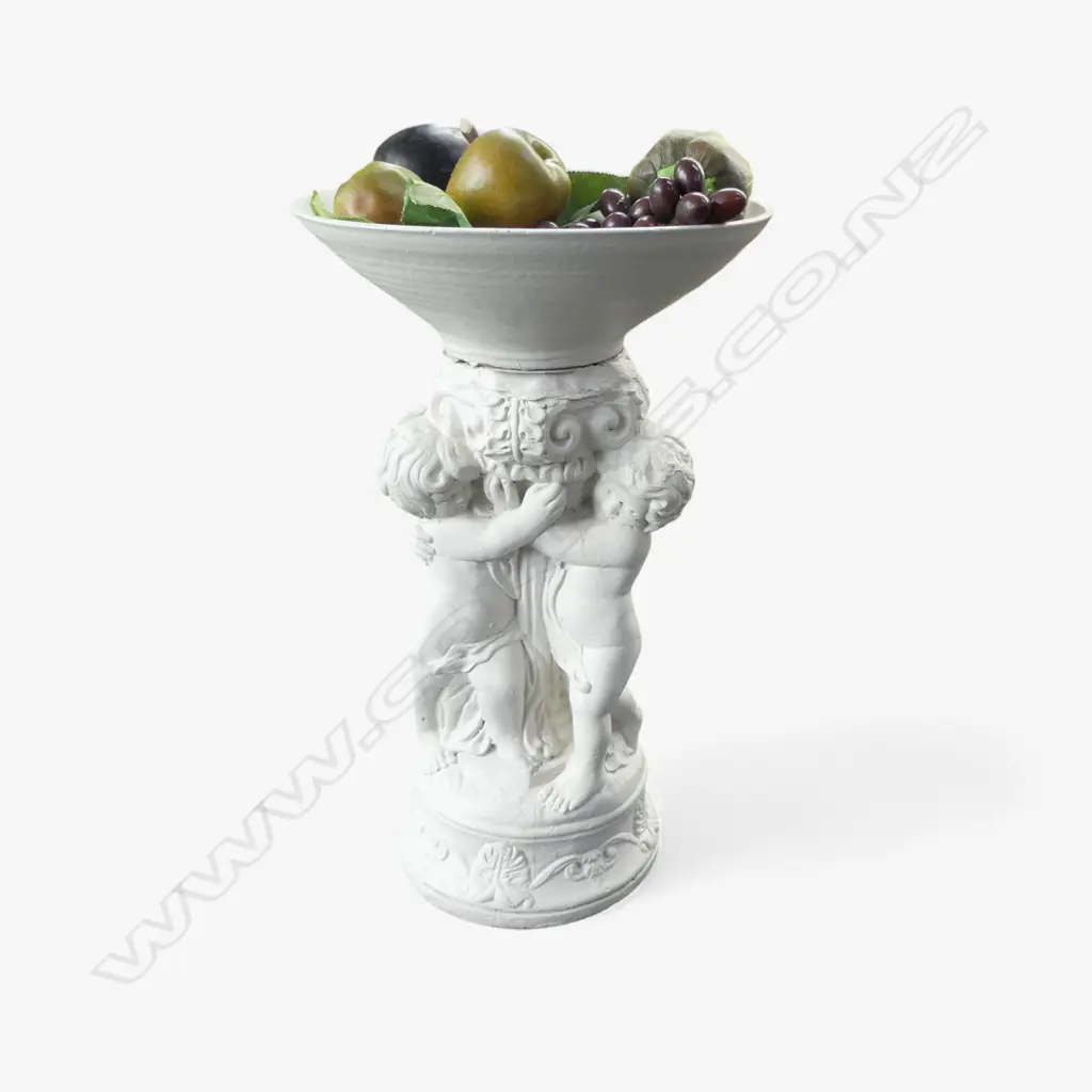 WHITE PAINTED CONCRETE STAND w. BOWL (FAULTS) & PLASTIC FRUIT H.540mm.(BOWL SEPARATE FROM BASE) Image 1++