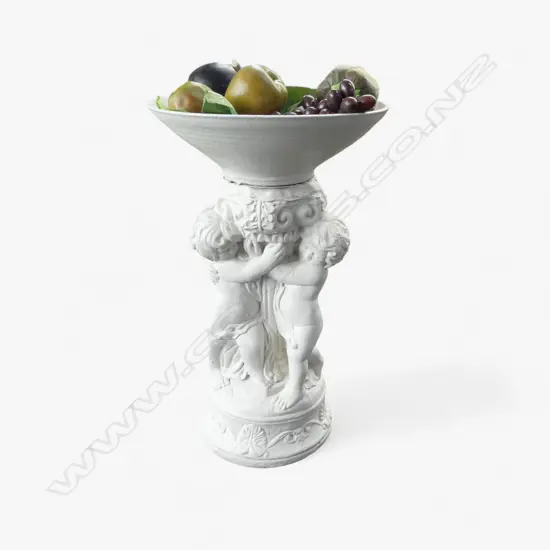 WHITE PAINTED CONCRETE STAND w. BOWL (FAULTS) & PLASTIC FRUIT H.540mm.(BOWL SEPARATE FROM BASE)