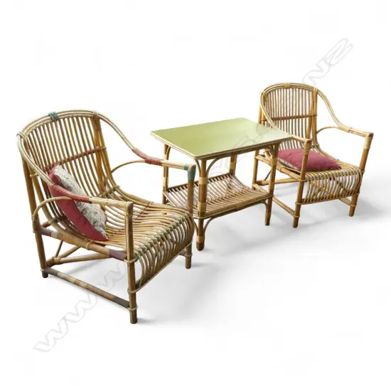 CANE PATIO SET; TABLE + PR CHAIRS