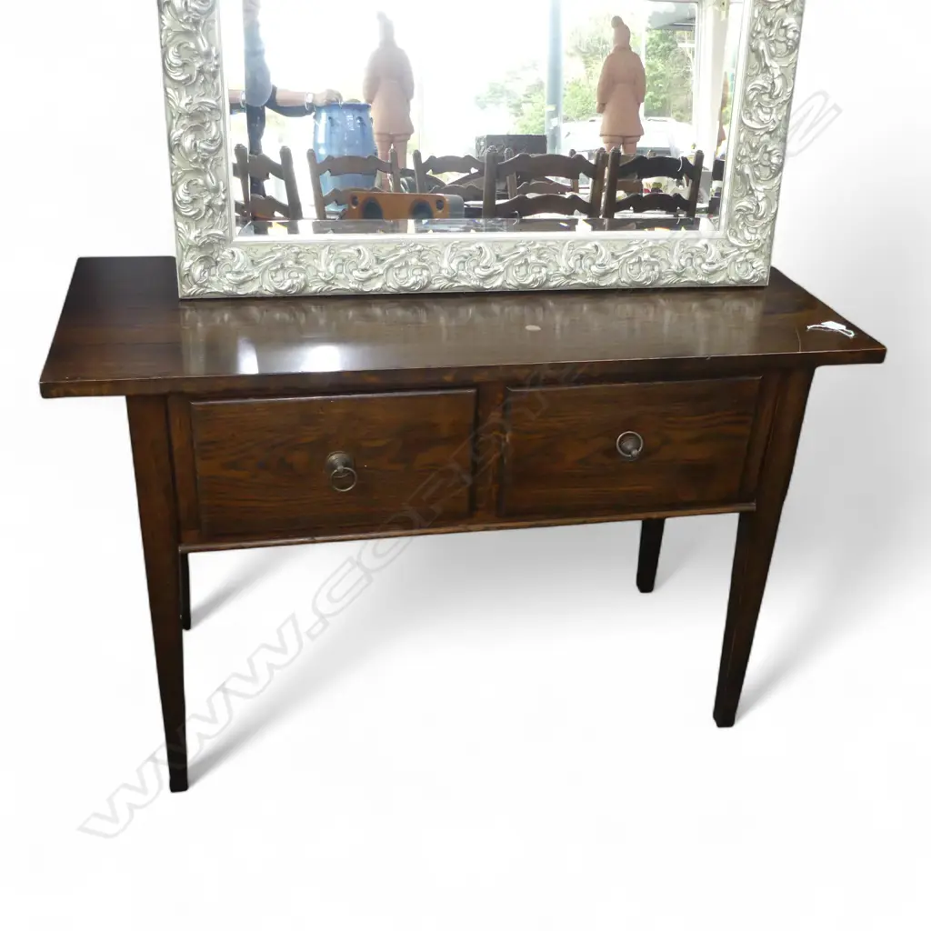 late 20thC very HEAVY SOLID OAK SIDE TABLE w 2 deep drawers 1200 x 500 x 760mm small mark to top Image 1++