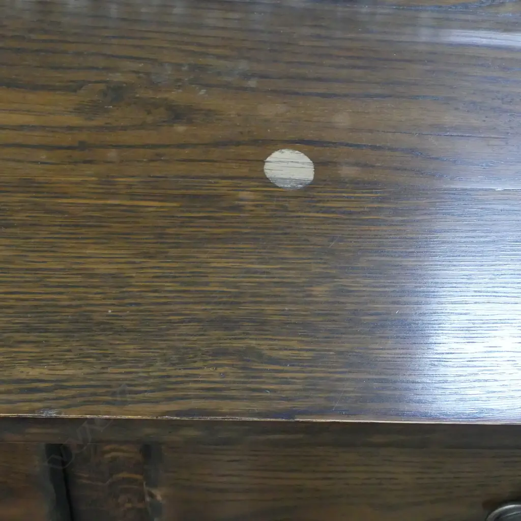 late 20thC very HEAVY SOLID OAK SIDE TABLE w 2 deep drawers 1200 x 500 x 760mm small mark to top Image 1++