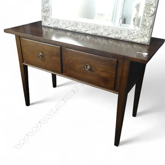 late 20thC very HEAVY SOLID OAK SIDE TABLE w 2 deep drawers 1200 x 500 x 760mm small mark to top