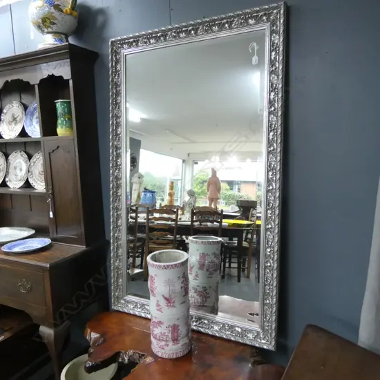LGE FANCY SILVERED FRAMED BEVEL EDGED MIRROR relief scrolling decoration 1570 x 970mm