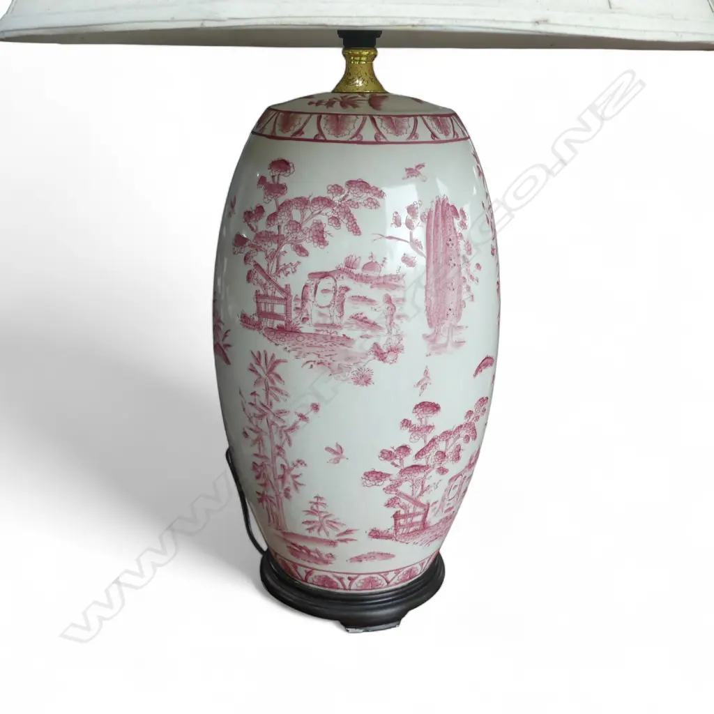 PAIR REPRODUCTION CHINESE ANTIQUE STYLE RED & WHITE LAMP BASES w shades Image 1++