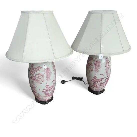 PAIR REPRODUCTION CHINESE ANTIQUE STYLE RED & WHITE LAMP BASES w shades