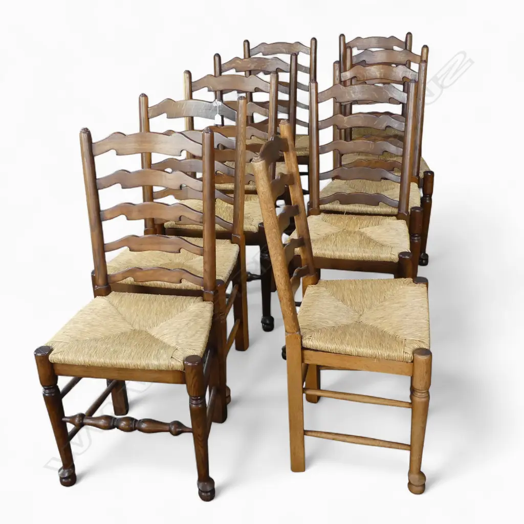 GOOD SET of 10 20thC LADDER BACK DINING CHAIRS rush drop-in seats Image 1++