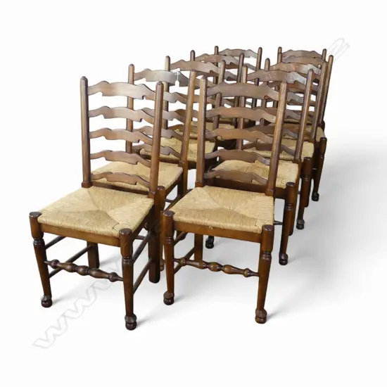 GOOD SET of 10 20thC LADDER BACK DINING CHAIRS rush drop-in seats