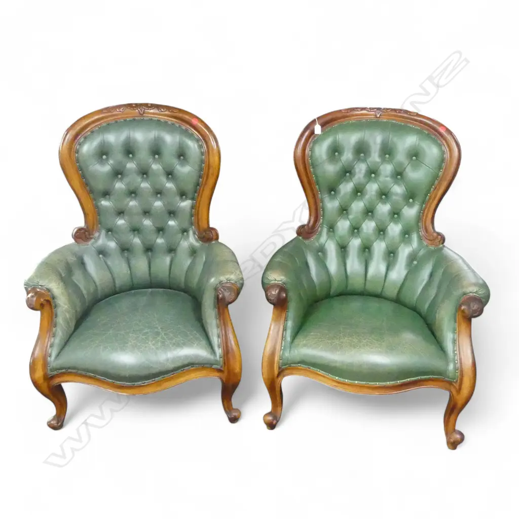 PAIR VICTORIAN STYLE BUTTON BACK LEATHER GRANDFATHER CHAIRS 1050 x 780mm Image 1++