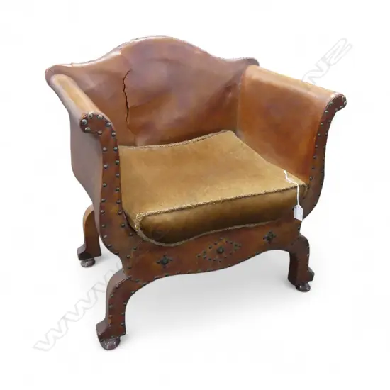 VINTAGE LEATHER FIRE SIDE CHAIR tear in back 580x450x625mm