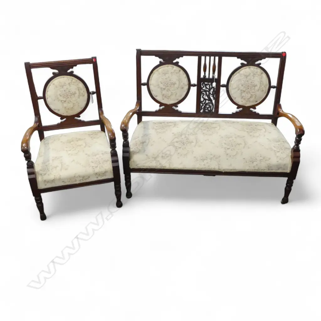 EDWARDIAN OPEN ARMED SETTEE  WITH MATCHING ARMCHAIR AND TAPESTRY UPHOLSTERY 970 x 1200mm (settee) 970 x 600 mm (chair) Image 1++