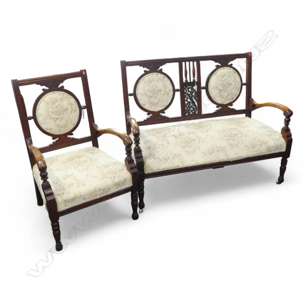 EDWARDIAN OPEN ARMED SETTEE  WITH MATCHING ARMCHAIR AND TAPESTRY UPHOLSTERY 970 x 1200mm (settee) 970 x 600 mm (chair) Image 1++