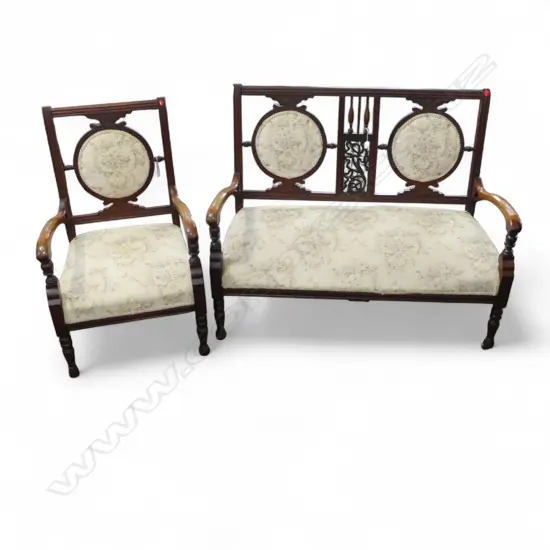 EDWARDIAN OPEN ARMED SETTEE  WITH MATCHING ARMCHAIR AND TAPESTRY UPHOLSTERY 970 x 1200mm (settee) 970 x 600 mm (chair)