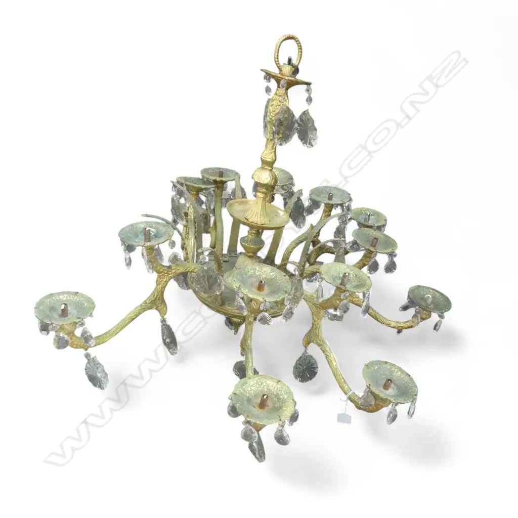 16 LIGHT ANTIQUE GILT BRASS CHANDELIER, REQ. RE WIRING 800mm dia Image 1++