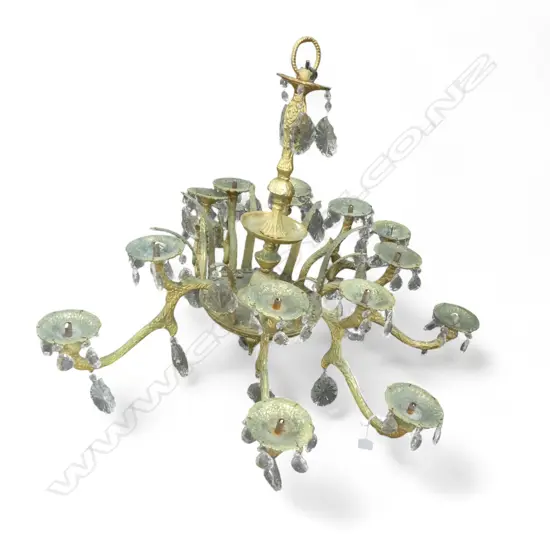 16 LIGHT ANTIQUE GILT BRASS CHANDELIER, REQ. RE WIRING 800mm dia