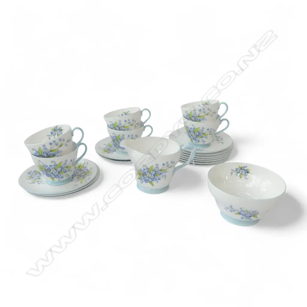 SHELLEY CHINA 6CSP C/SUGAR TEASET BLUE FLORAL PAT Image 1++