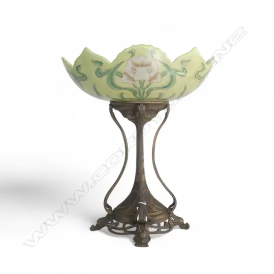 A 20TH C. ART NOUVEAU STYLE PORCELAIN CENTREPIECE ON GILT METAL BASE 450mm (H)