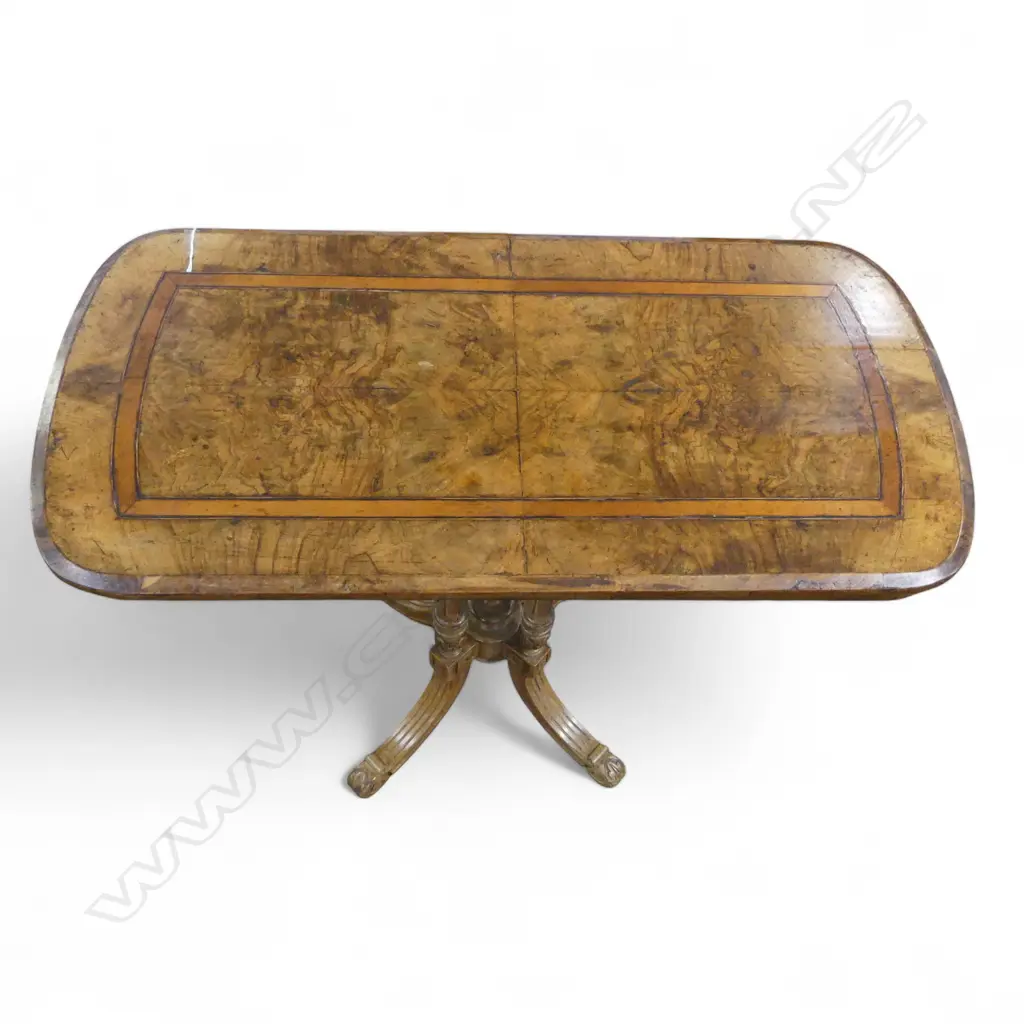 VICTORIAN OYSTER-SHELL WALNUT VENEERED SHADED OBLONG SIDE TABLE ON CATHEDRAL BASE 890x440x720mm  Image 1++
