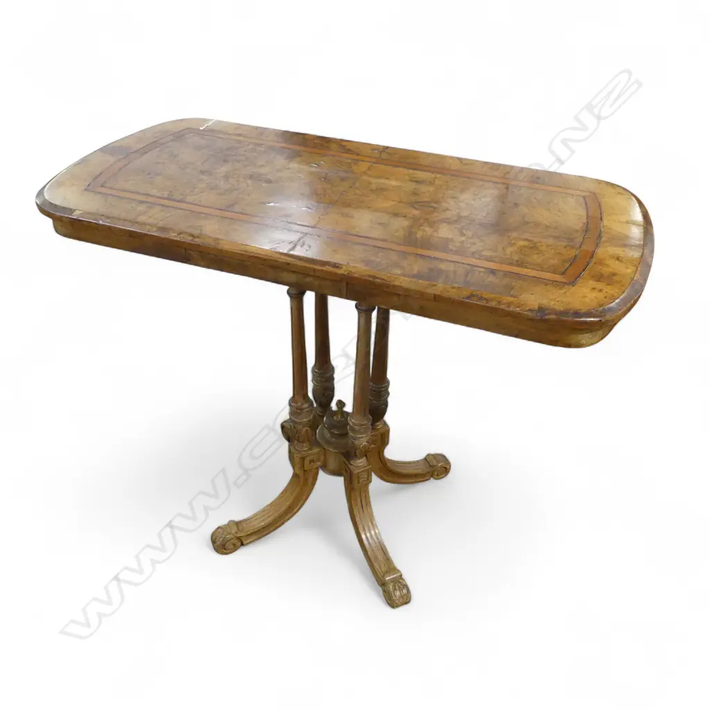 VICTORIAN OYSTER-SHELL WALNUT VENEERED SHADED OBLONG SIDE TABLE ON CATHEDRAL BASE 890x440x720mm  Image 1++