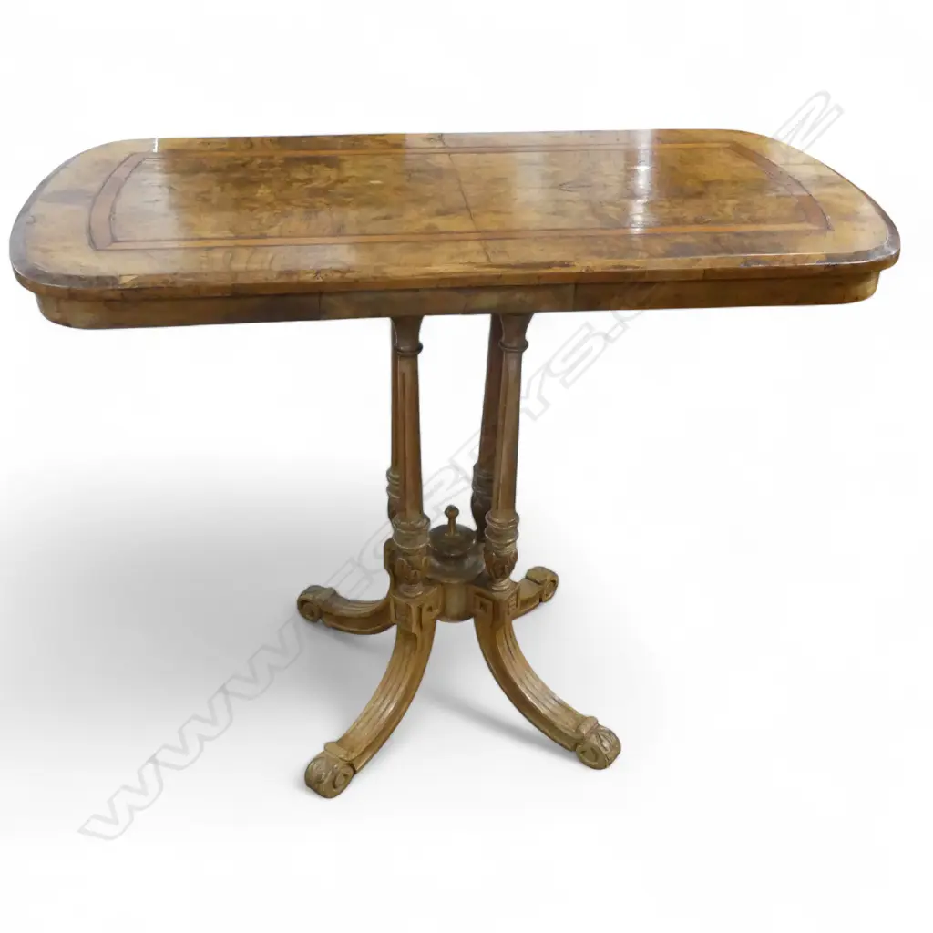 VICTORIAN OYSTER-SHELL WALNUT VENEERED SHADED OBLONG SIDE TABLE ON CATHEDRAL BASE 890x440x720mm  Image 1++