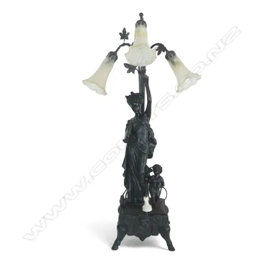 FRENCH STYLE FIGURAL COMPOSITE TABLE LAMP WITH THREE TULIP GLASS SHADES  980 mm (H)