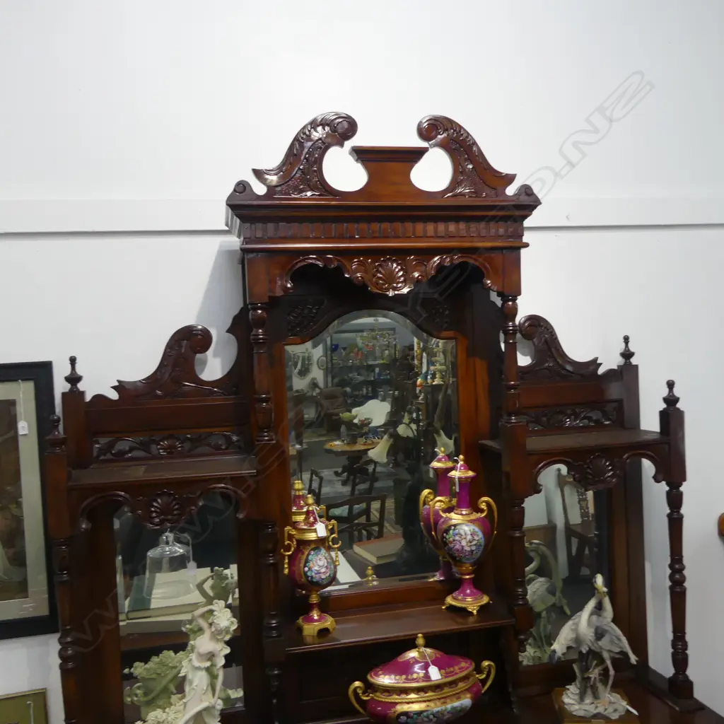 A SUBSTANTIAL INDONESIAN CARVED MIRRORED BACK SIDEBOARD  2520 x 1820mm Image 1++