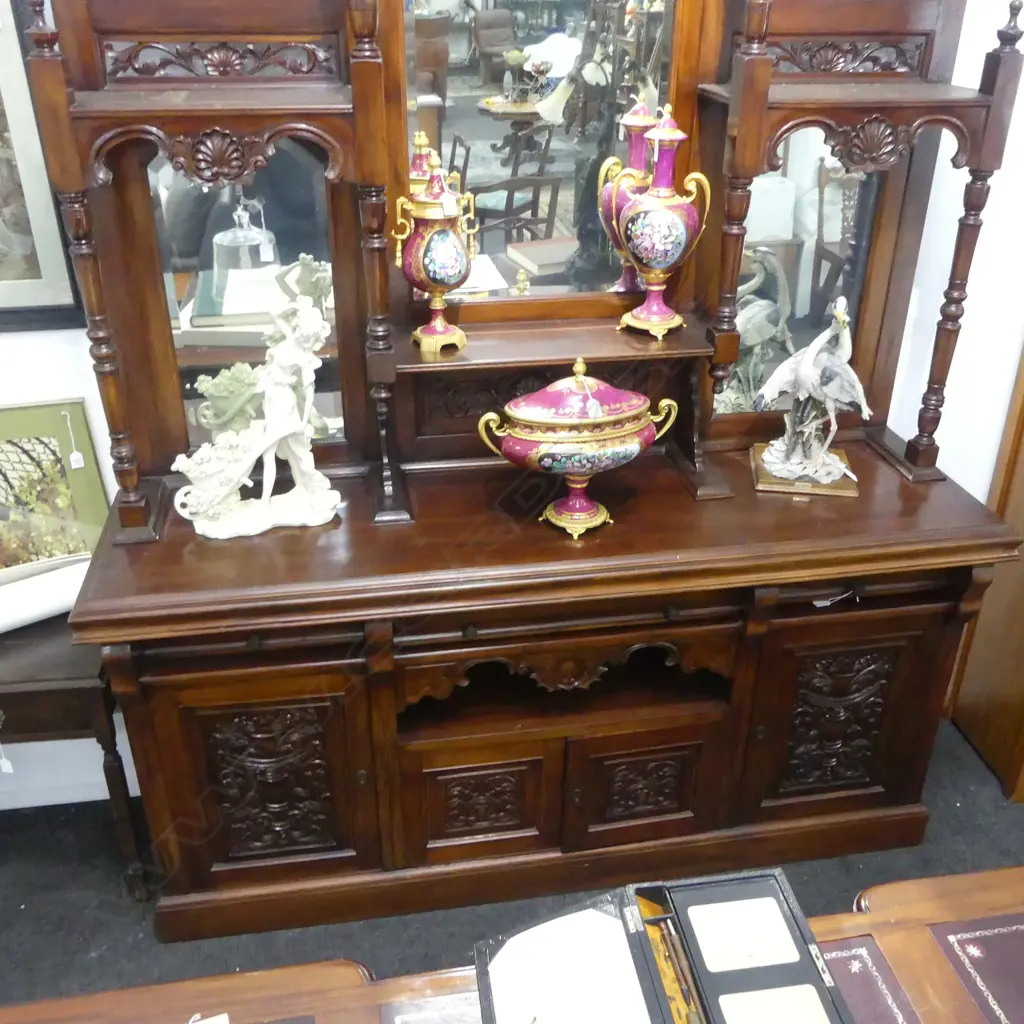 A SUBSTANTIAL INDONESIAN CARVED MIRRORED BACK SIDEBOARD  2520 x 1820mm Image 1++